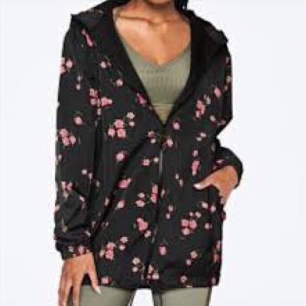 PINK Victorias Secret Womn XS Black Floral Hooded Long Anorak Windbreaker Jacket